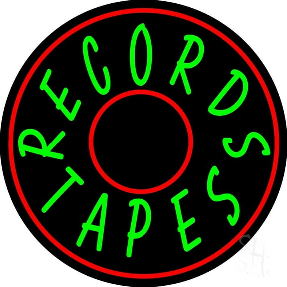 Records Tapes With Circle LED Neon Sign 18 X 18 - inches Black Square Cut Acrylic Backing, with Dimmer - Premium built indoor Sign for Studio, Club, Décor, Event, Storefront.