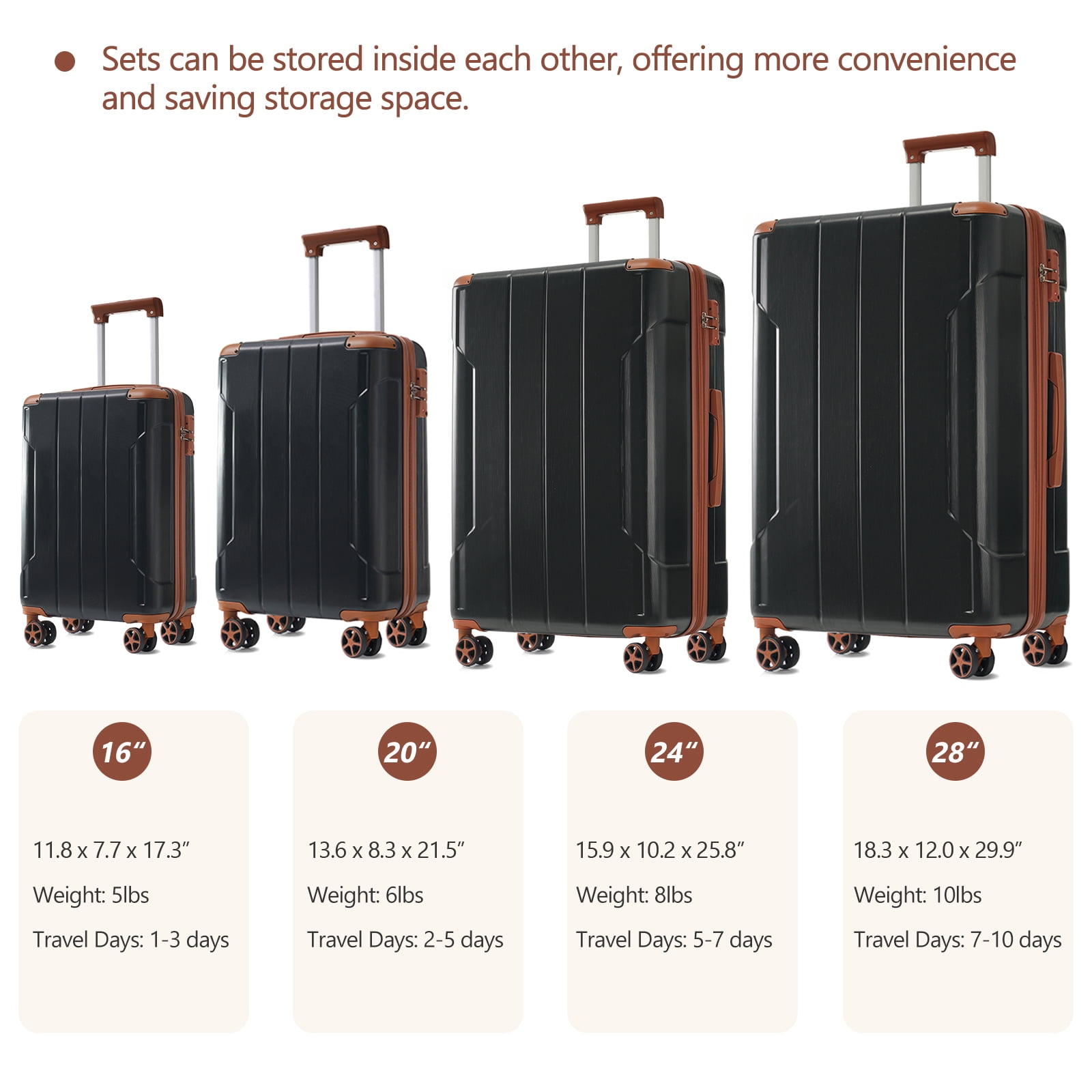 imerelez Hardshell Luggage Sets 6 Piece Suitcase Set, Expandable Lightweight Suitcases with Dual Wheels, TSA Lock for Men Women, Black Brown