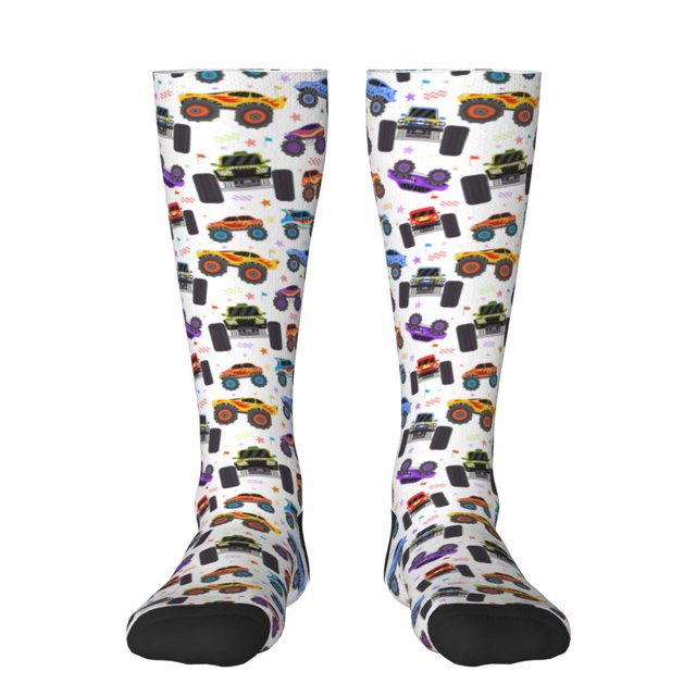 Fotbe Cartoon Monster Trucks1 Calcetas Divertidas Estampadas para Hombre y Mujer, Calcetas de Algodón hasta la Rodilla para Caminar, Correr, Enfermería y Embarazo