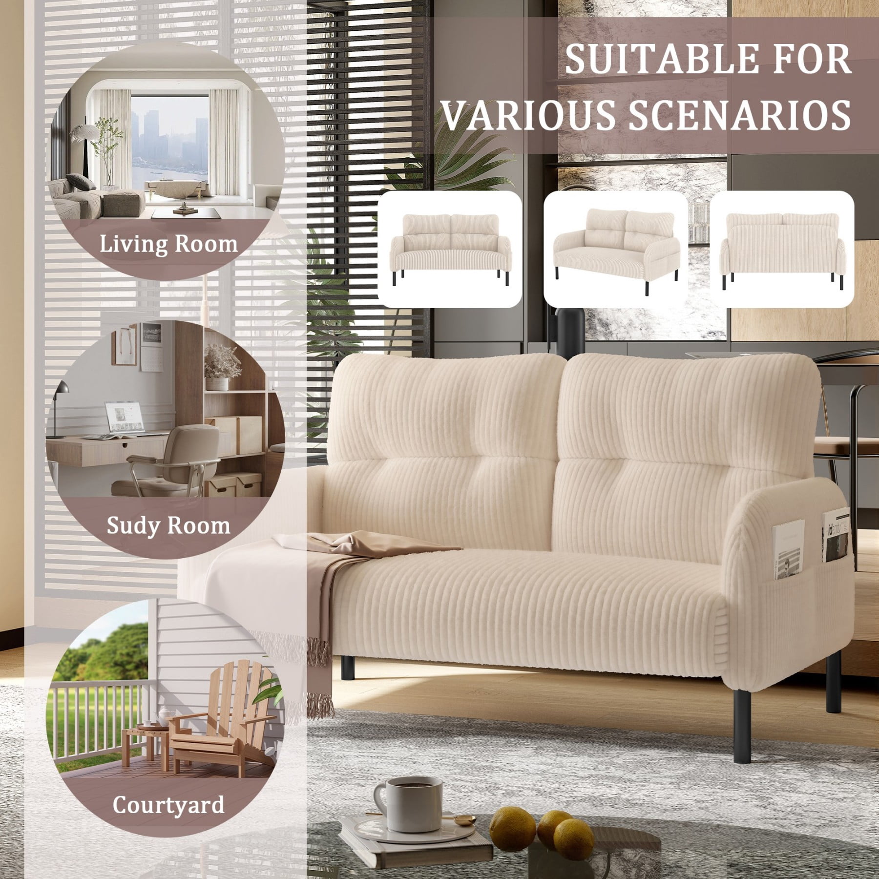 Corduroy Loveseat Sofa, Modern Upholstered Double Sofa Couch with Side Pockets for Living Room Bedroom Apartment, Beige