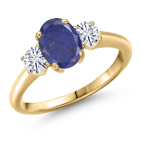 Gem Stone King 10K Yellow Gold Blue Lapis and White Moissanite Engagement Ring for Women | 1.86 Cttw | Oval 8X6MM | Gemstone Birthstone | Size 8
