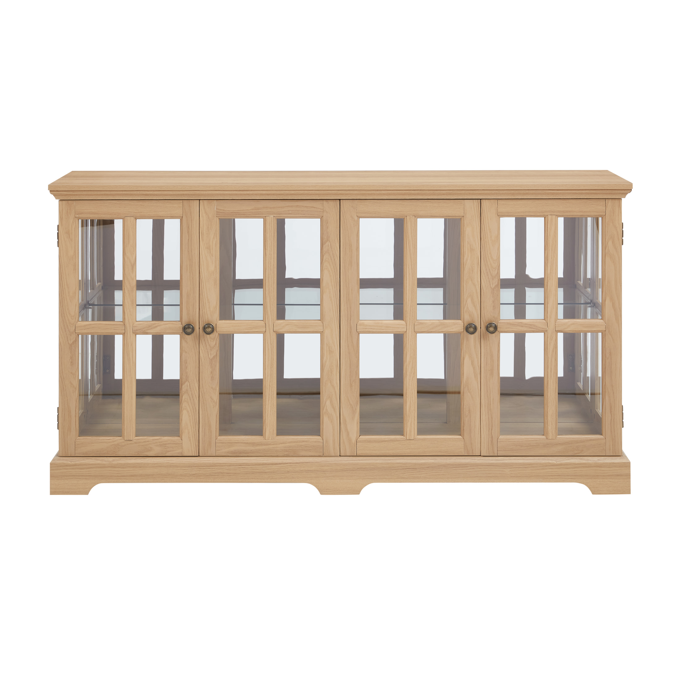 Noble House Auburn 59" LED Glass Display Cabinet, 4-Door Antique Curio, Adjustable Shelves, Vintage Showcase, Light Oak
