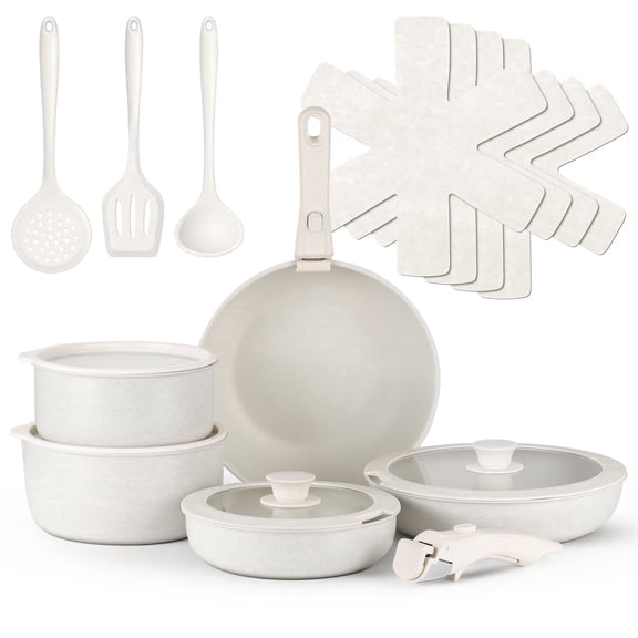 Vesteel 18Pcs Pots and Pans Set, Nonstick Cookware Set with Detachable Handles, Stackable Kitchen Cooking Set with Silicone Utensils Set, Induction Compatible & Oven Safe - Cream White
