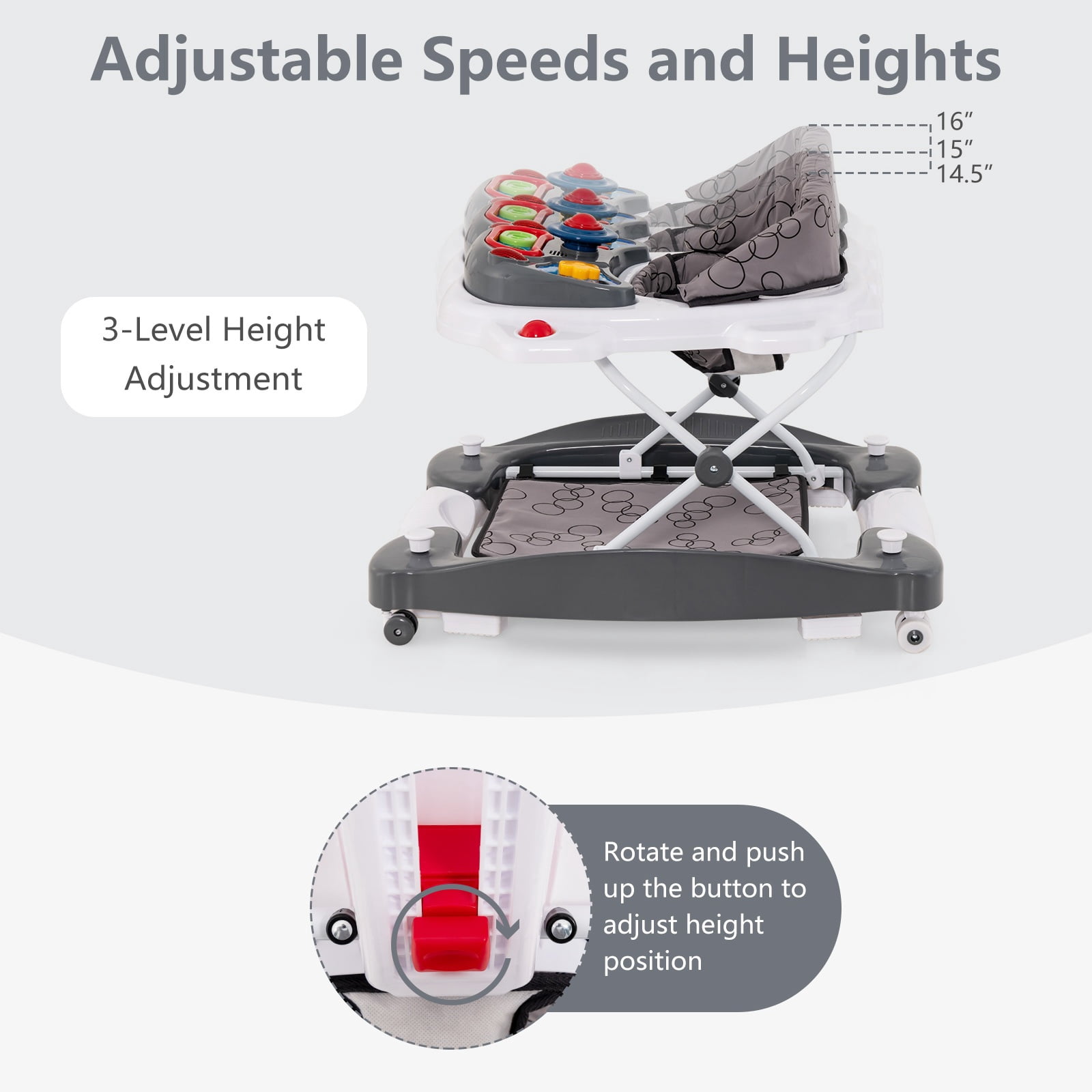 INFANS Baby Walker, 6 in 1 Behind Walker Learning Seated Rocker Bouncer with Removable Music Tray, Adjustable Height and Speed, Washable Seat Cushion, Foldable Activity Center for Toddlers