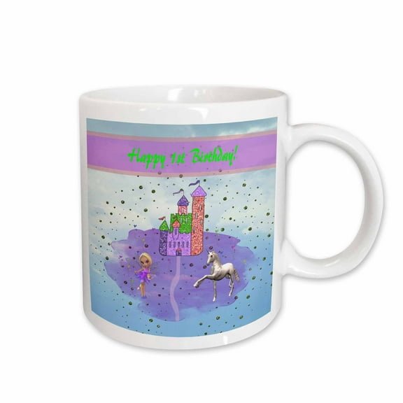 3drose, Glitter Look Castle with Fairy Princess and Unicorn, Happy 1st Birthday, 15oz Mug