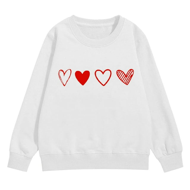Comdrip Chandails de la Saint-Valentin pour Filles Chandails à Imprimé Graphique Cœur Manches Longues Chandail Col Rond Hauts Chandails Mignons pour Filles 10-12 Blanc 110