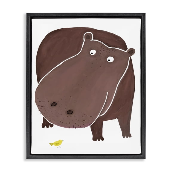 Stupell Industries Hippo and Bird Friends Animals Painting Black Floater Framed Canvas Art Print Wall Art, 17 x 21