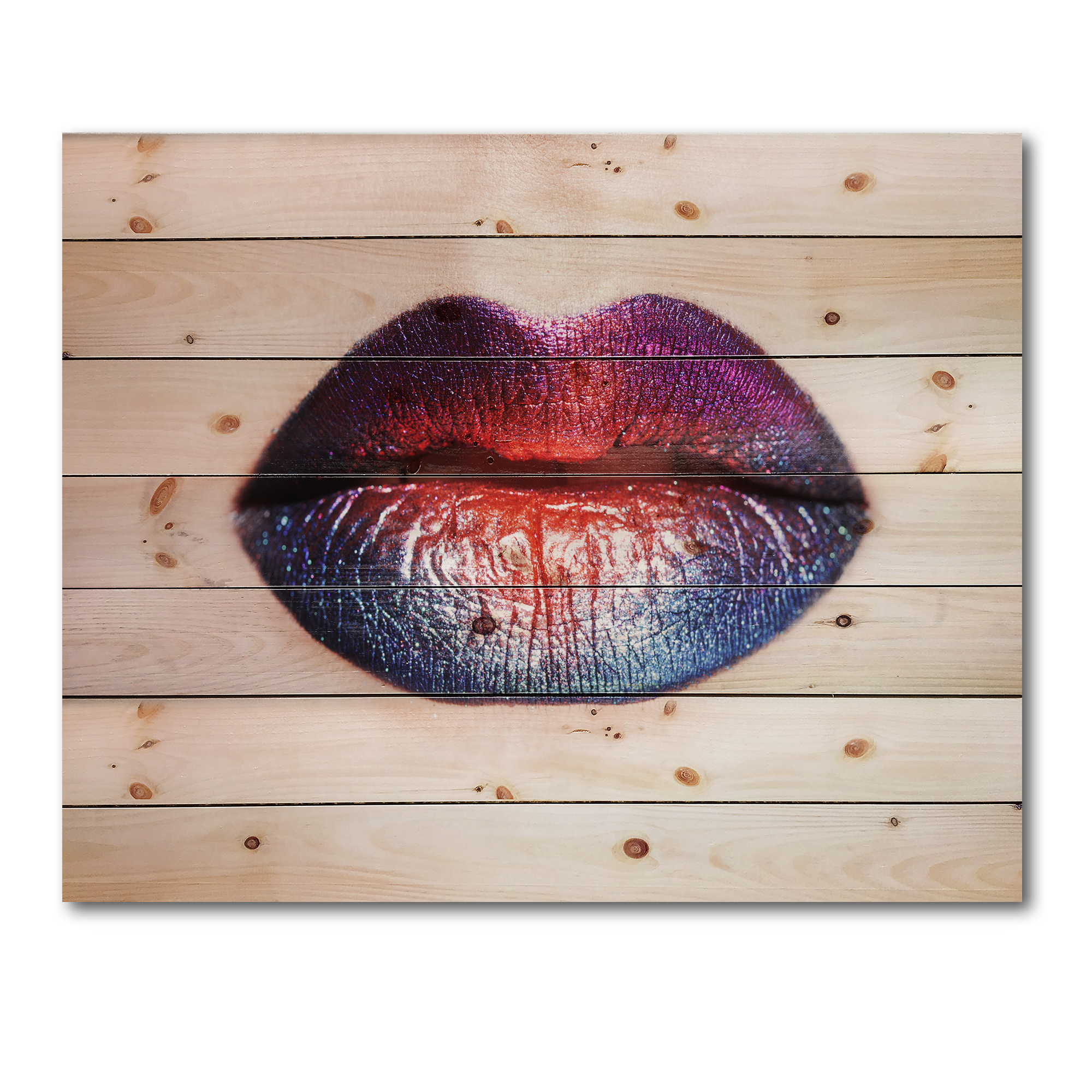 Designart 'Female Lips With Bright Multicolored Lipstick' Modern Print on Natural Pine Wood