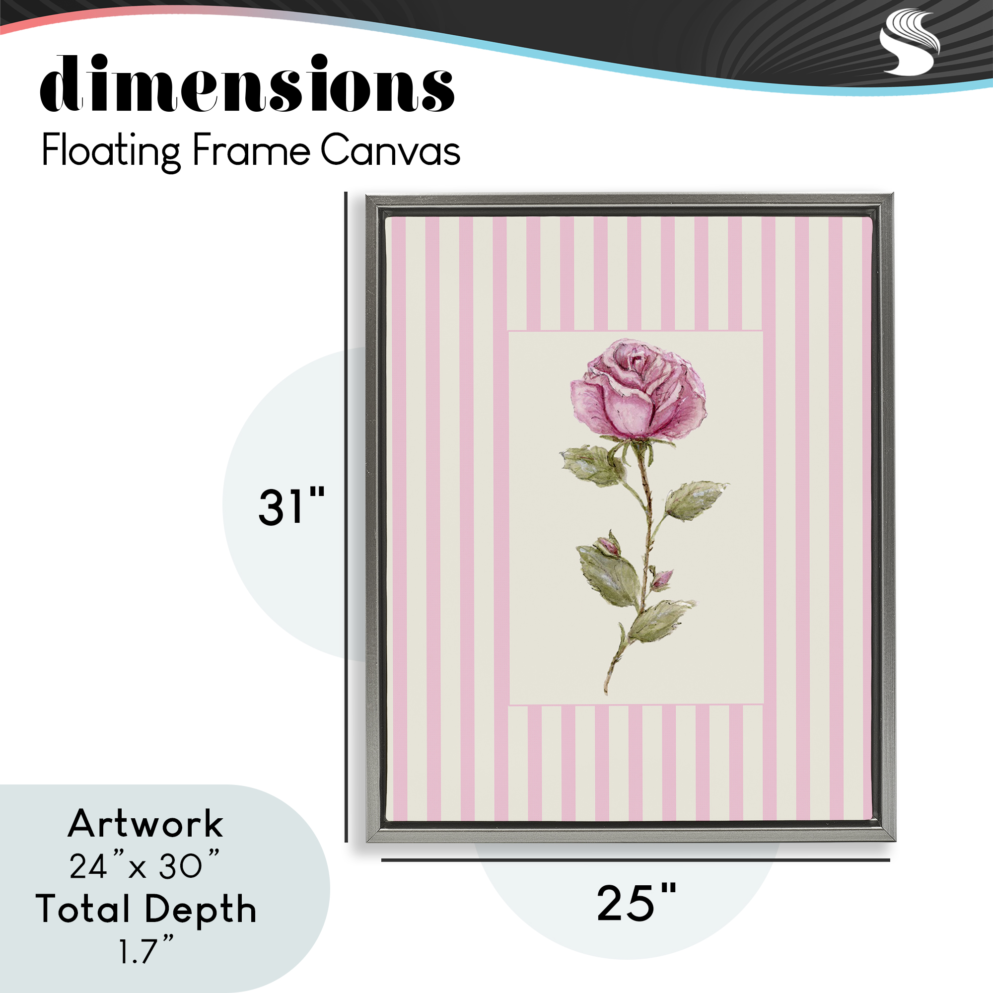 Pink Stripe Rose Gray Framed Floater Canvas Wall Art, design by Lisa Wehmeyer