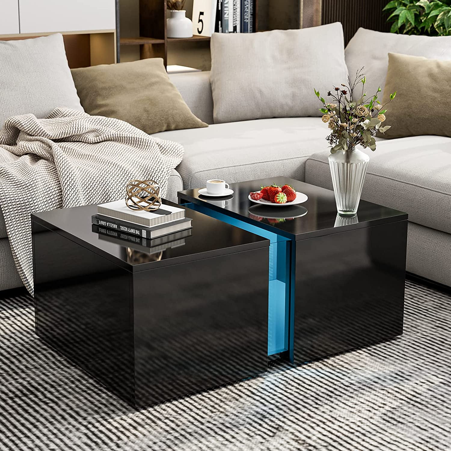 Modern Coffee Table High Gloss with Hidden Drawer Cabinet Wheeled Home Furniture 