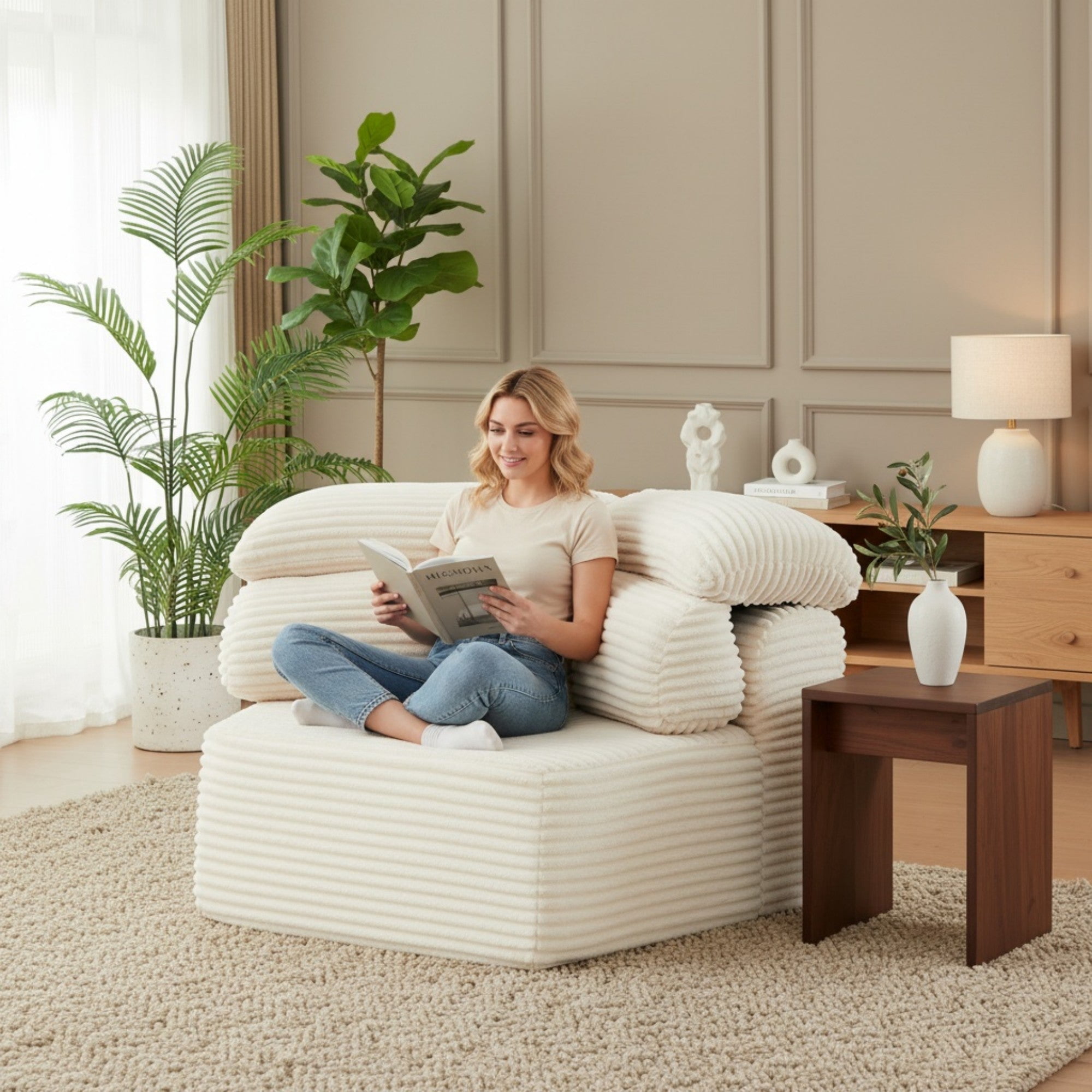 Sailvan 53" Modern Cream Modular Lounge Chair, Pentagonal Chenille Single Seater Cloud Sofa with Enveloping Pillows, Cozy Foam Armchair Beige