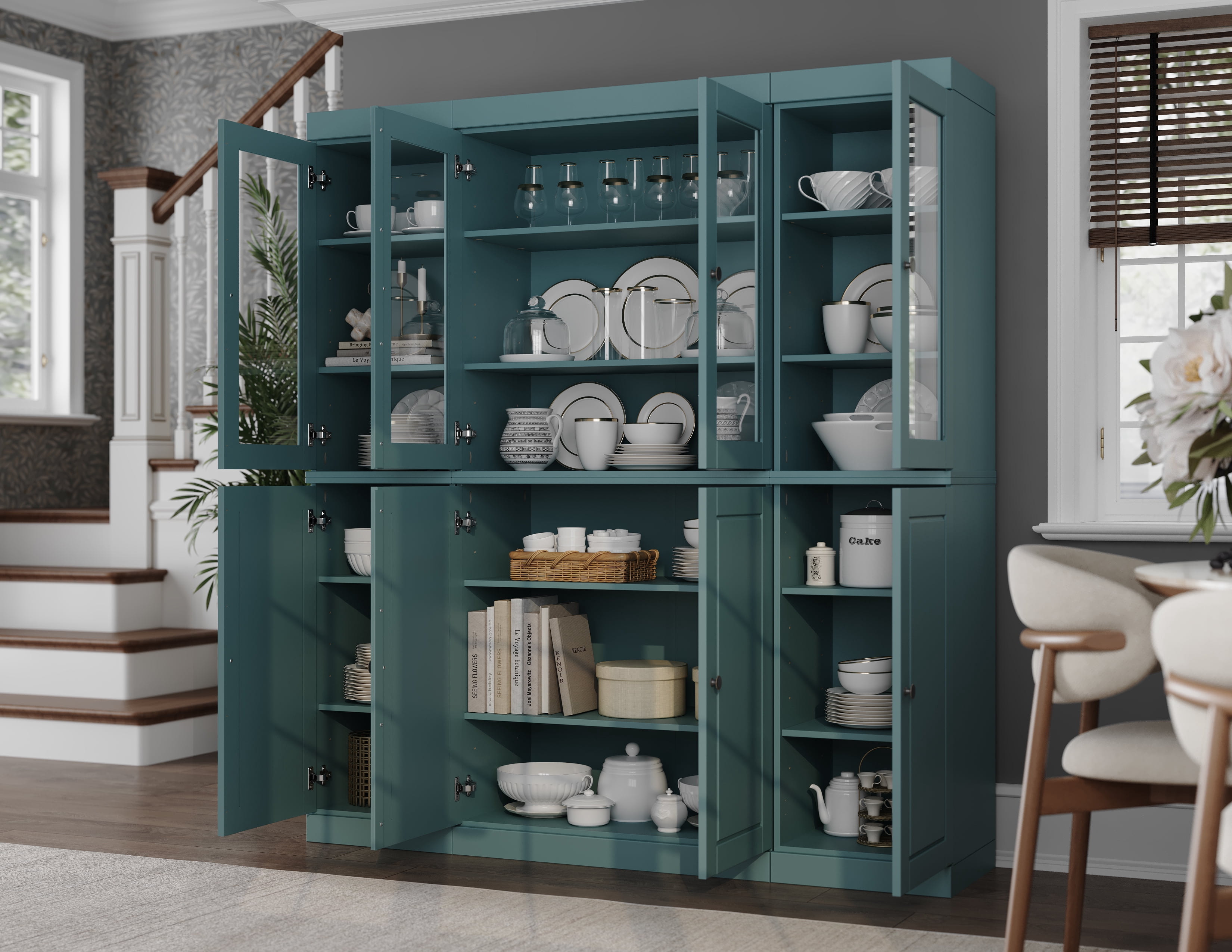 Palace Imports 100% Solid Wood Kitchen Pantry Storage Cabinet with Solid, Clear Glass Doors and Adjustable Shelves, Aqua Blue