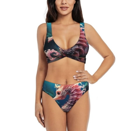 Zeuib Ocean Seahorse High Waisted Tummy Control Bikini Set - Knot Front Push Up Top & Cheeky Thong Bottom  Two-Piece Swimsuit for Women-Large