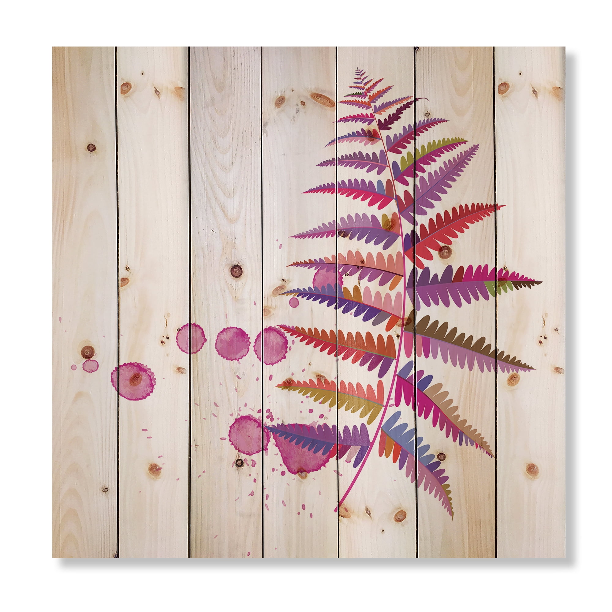 Designart 'Purple Fern With Purple Splash' Farmhouse Print on Natural Pine Wood