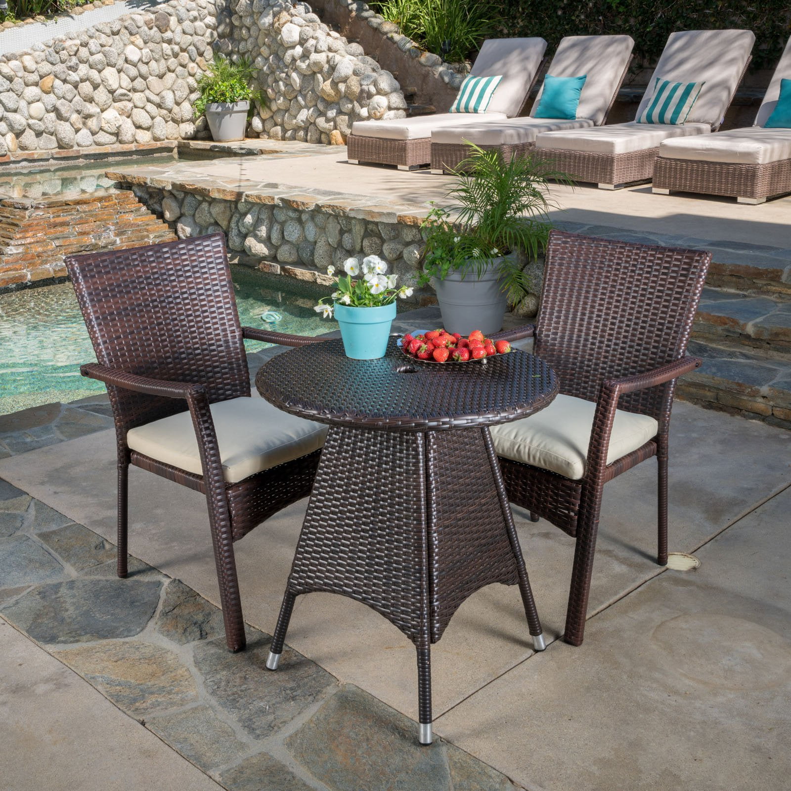 Georgina 3pc Wicker Patio Bistro Set with Cushions - Brown - Christopher Knight Home: Weather-Resistant, Galvanized Steel Hardware