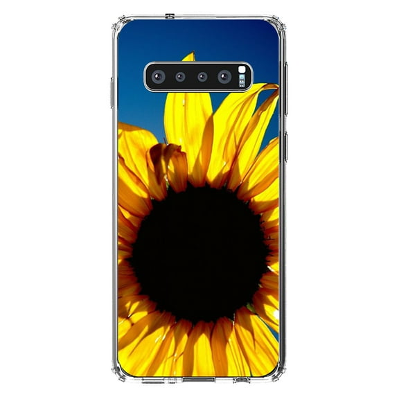DistinctInk Clear Shockproof Hybrid Case for Samsung Galaxy S10 (6.1" Screen) - TPU Bumper, Acrylic Back, Tempered Glass Screen Protector - Blue Yellow Sunflower Sky