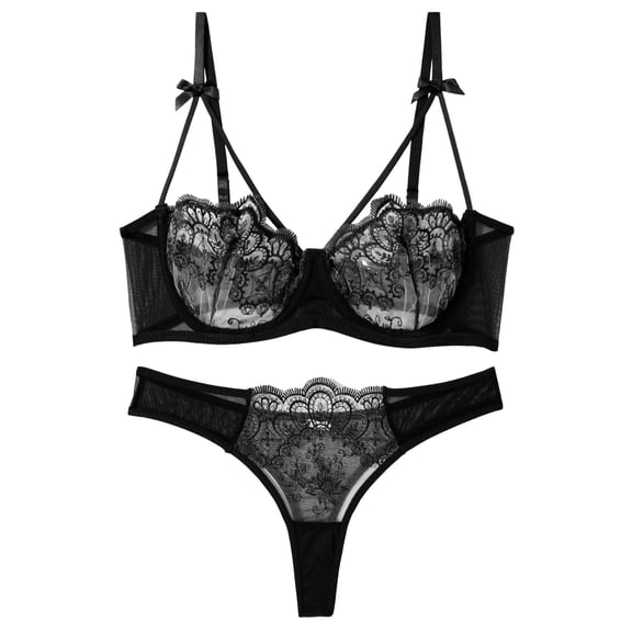 Ausing Lingerie Set Women's Sexy Embroidered Bra Panties Two Piece Matching Underwear Sheer Mesh Push-Up Bra Adjustable L Black