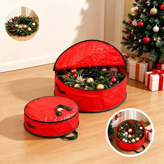 2 Pack Christmas Wreath Storage Bag, Red Round Zippered Holiday Ornament Case with Handles, Small Large Set for Wreath Garland Storage