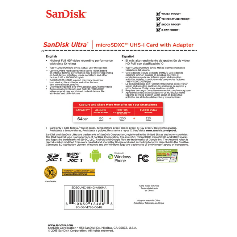 SanDisk SDSQUNC064GAN6MA Mobile Ultra microSDXC 64GB UHS-I Memory Card