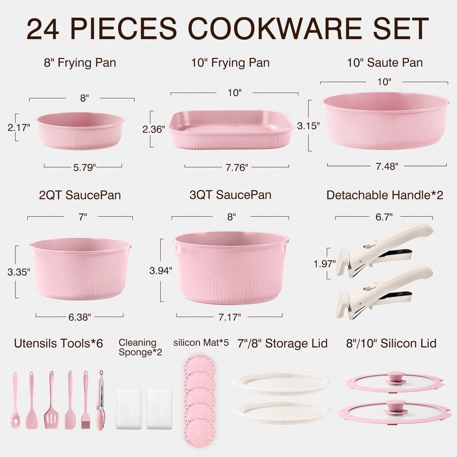 23pcs Pots and Pans Non Stick, Cookware Sets Detachable Handle, Induction Kitchen Pots and Pans,NonStick Cooking Set, Oven/Dishwasher/Fridge , Space Saving,Healthy Kitchen Cookware Sets