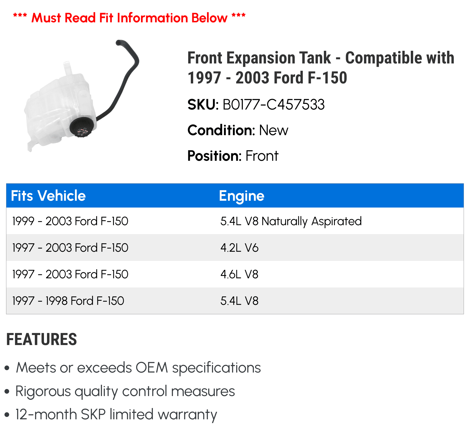 Front Expansion Tank - Compatible with 1997 - 2003 Ford F-150 1998 1999 2000 2001 2002