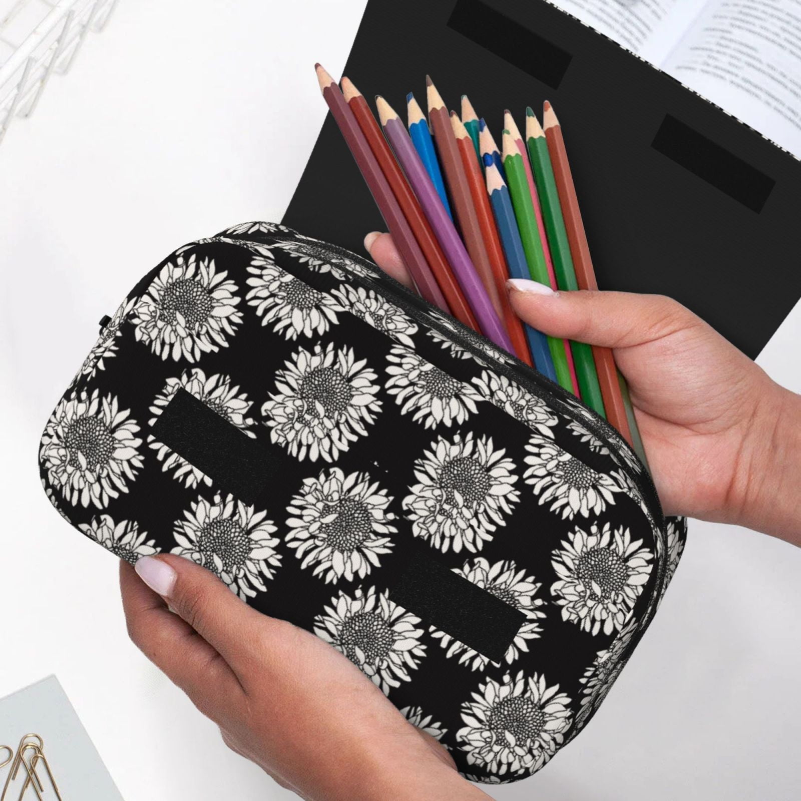 Rateoe White Sunflowers Pattern Double Clamshell Pen Case, Storage Organizer with Two Zipper Compartments– Holds Up to 50 Pencils & Pens