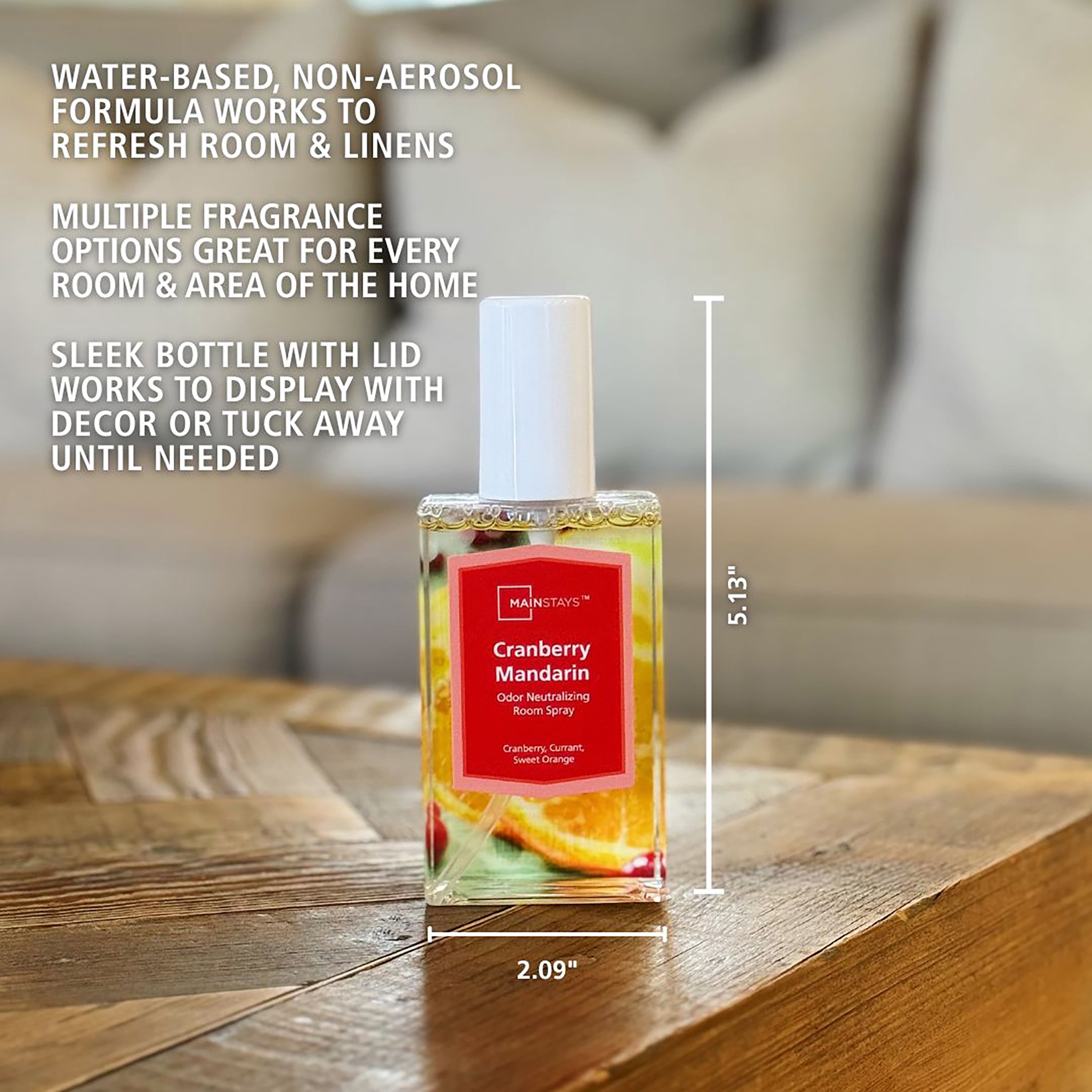 Mainstays Mandarin Cranberry Scented Room & Linen Spray 3.4 fl oz (100mL).