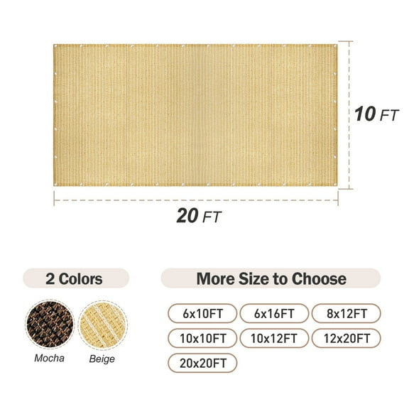 90% Shade Fabric Sun Shade Cloth Taped Edge with Grommets Sun-Block Mesh Shade for Pergola Cover Canopy 10’ x 20’, Wheat
