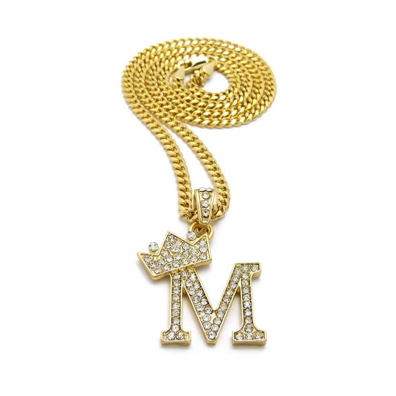 Stone Stud Tilted Crown Initial M Micro Pendant w/ 3mm 24" Cuban Chain Necklace, Gold-Tone