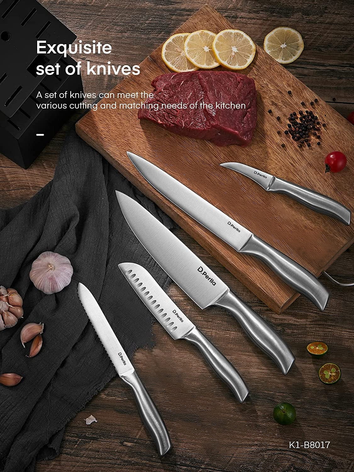 Knife Set, 16-Piece Stainless Steel Kitchen Knife Set with Wood Block, One Piece Design Knife Block Set, Black