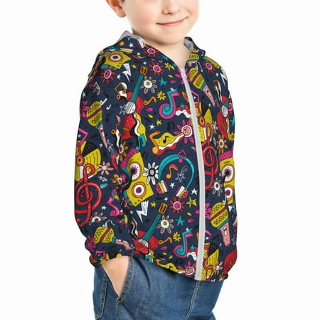 

Uemuo Rock Music Pattern Rash Guard for Boys Girls Long Sleeve Swim Shirts UPF 50+ UV Sun Protection Hooded Fishing Shirt with Pocket for Kid-4 Years