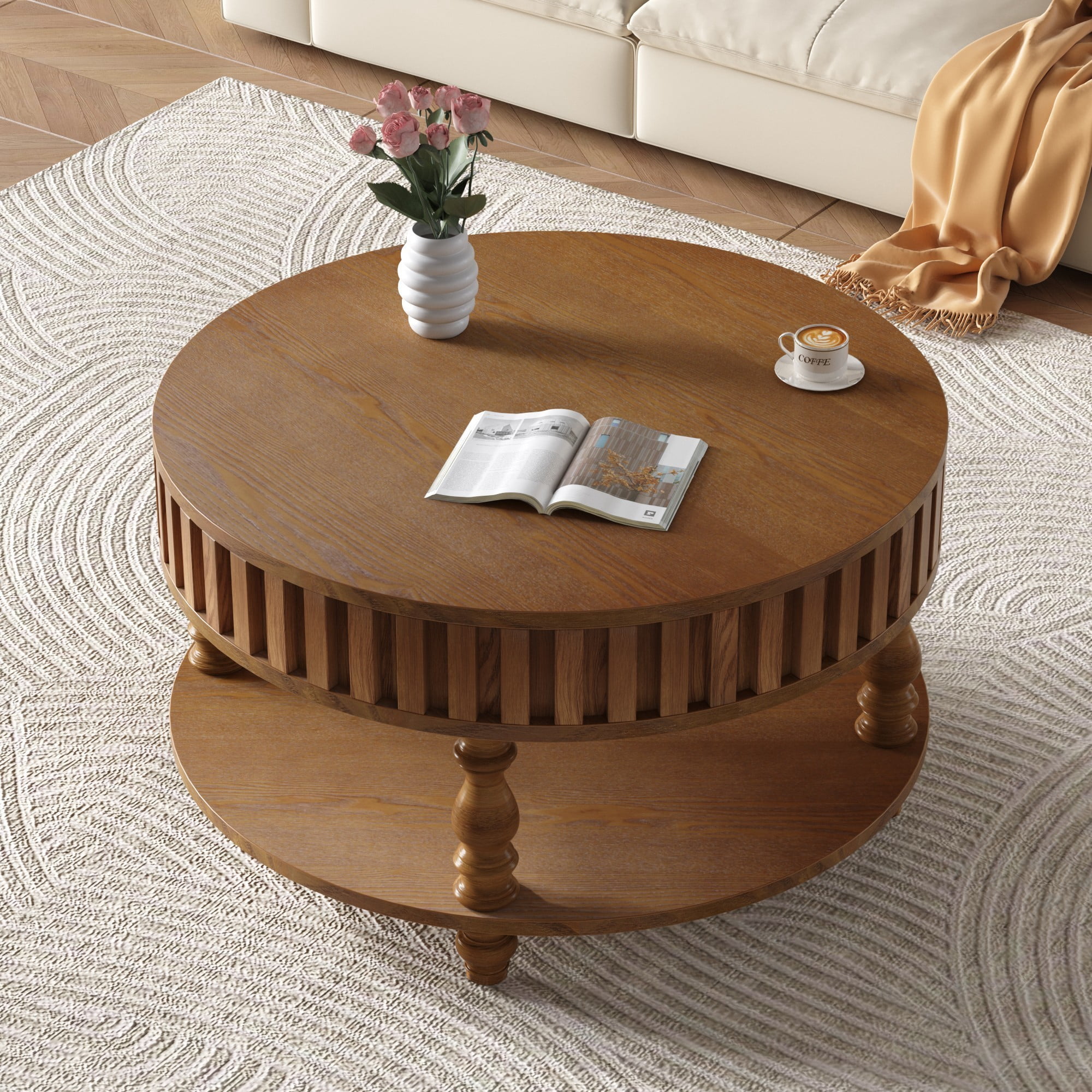 Fluted Coffee Table with Storage, 31.5" Round Coffee Table with Flip Top Lid and Shelf, Mid Century Modern Center Table for Living Room, Walnut