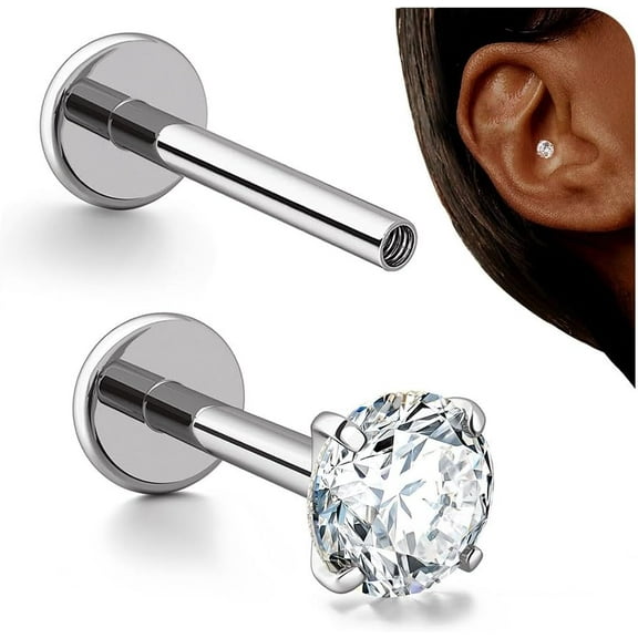 16G Stud Earrings Flat Back - G23 Titanium Internal Thread Cartilage Earrings for Women Hypoallergenic CZ Stud Piercing Jewelry Tragus/Nose/Helix/Conch/Medusa/Lip/Labret 6mm 8mm