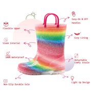 EUXTERPA Girls Glitter Rain Boots Toddler Kids Light Up Rainbow Boots with Handles Toddler Size 5