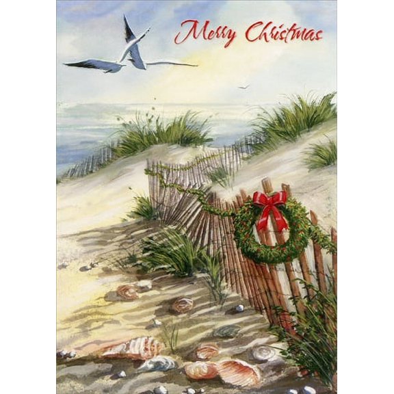 Red Farm Studios Wreath on Picket Fence Along Beach Sand Dunes Box of 15 Coastal Christmas Cards