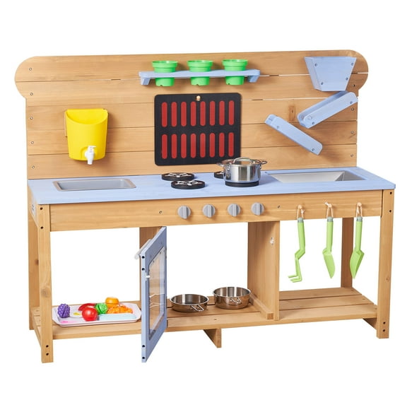 KFFKFF Outdoor Wooden Mud Kitchen for Kids, Featuring Stoves, Hooks, Dual Sinks, Planting Tools, Cooking Utensils, Pots, and Accessories for Water and Sand Play