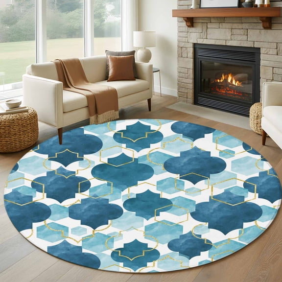 Large Round Rug 8Ft Washable Non-Slip, Blue Geometric Moroccan Circle Area Rugs for Living Room Bedroom, Abstract Art Blue Ombre Modern Indoor Floor Mats Carpet Runner for Home Decor