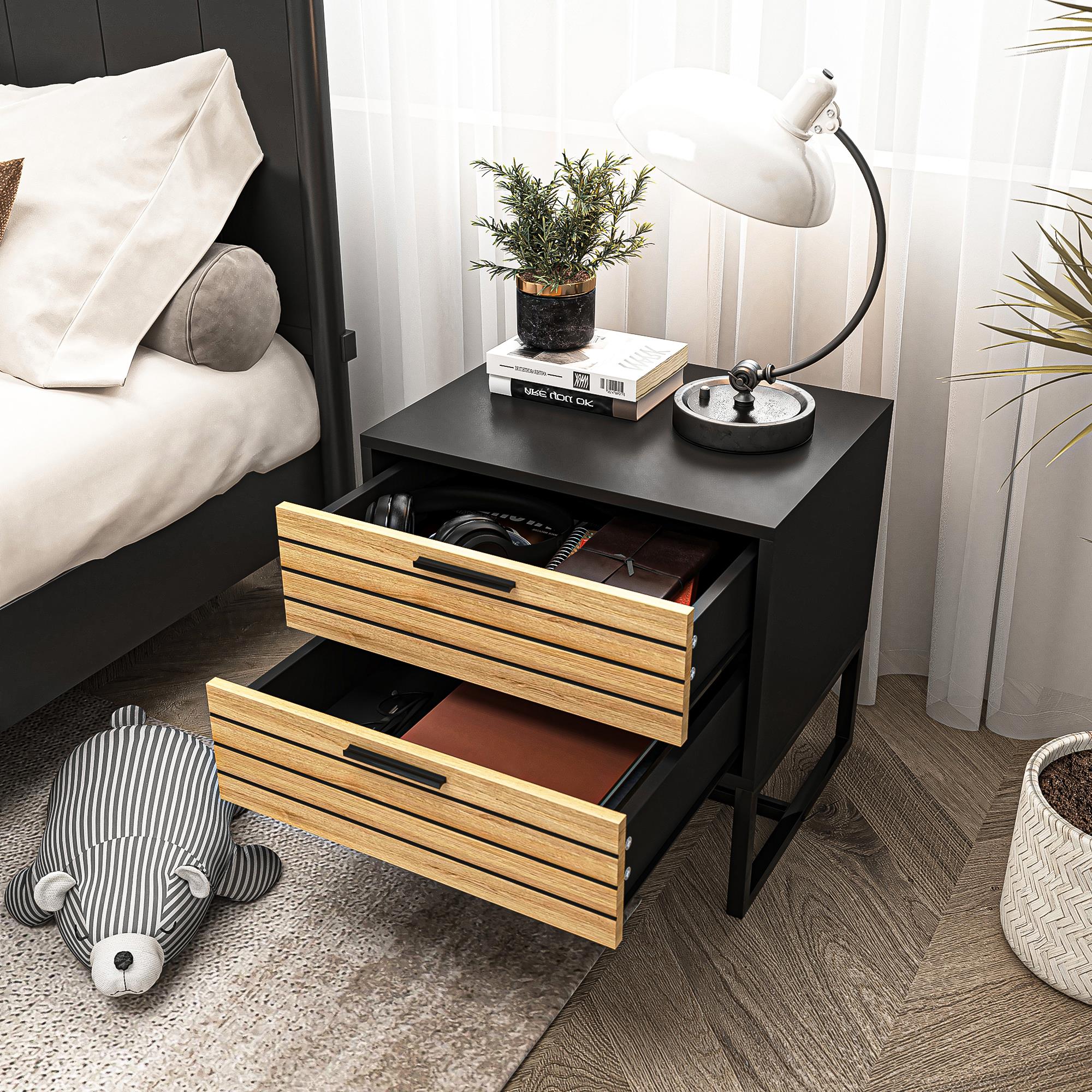 Finihen Modern Nightstand, Side Table with 2 Drawer, Accent Bedside End Table with Metal Legs for Bedroom, Dorm and Small Spaces, Black Finihen Modern Nightstand, Side Table with 2 Drawer, Accent Bedside End Table with Metal Legs for Bedroom, Dorm and Small Spaces, Black