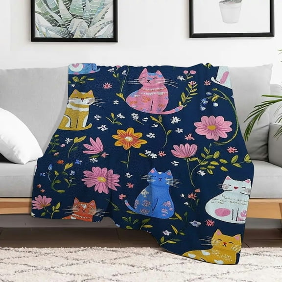 Creowell Cats Flowers Moon Flannel Blanket Soft Warm Cozy Gift 30x40in
