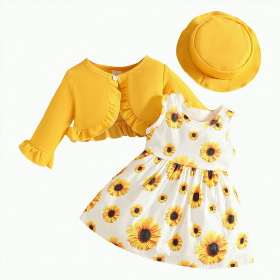 KPOPLK Girls Dress and Cardigan Sleeveless Floral Print Tank Dresses and Bolero 2 Piece Kids Girl Spring and Fall Outfit(Gold##1,9-12 Months)