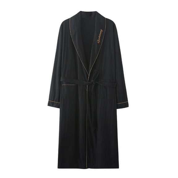 VNKIDY Men's Pajama Soft Solid Color Nightrobe With Contrast Trim Long Sleeve Button Down Full Length Robe With Belt Design Front Pockets Casual Homewear