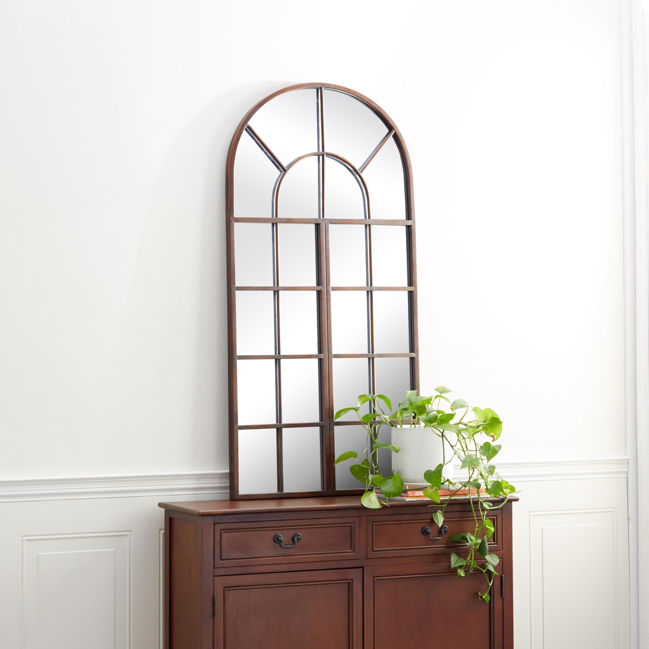 DecMode 24" x 48" Brown Arched Window Pane Wall Mirror