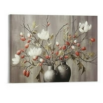 Creowell Farmhouse Wall Art - Plant Flower Pictures Wall Art, Modern Farmhouse Bathroom Wall Decor, White Flower Canvas Print, Grey Magnolia Vase Painting Framed Artwork for RusticWall Decor-20x16 In