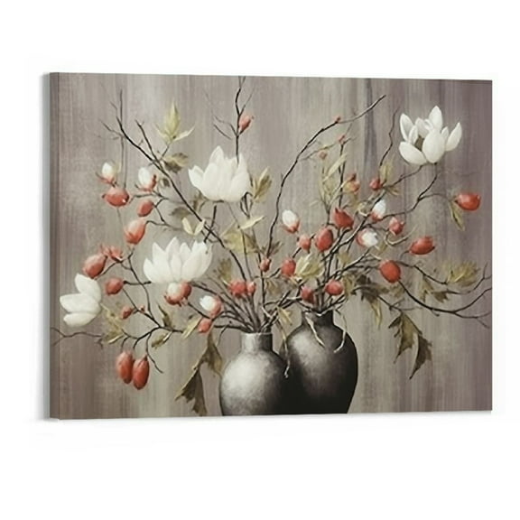 Creowell Farmhouse Wall Art - Plant Flower Pictures Wall Art, Modern Farmhouse Bathroom Wall Decor, White Flower Canvas Print, Grey Magnolia Vase Painting Framed Artwork for RusticWall Decor-20x16 In
