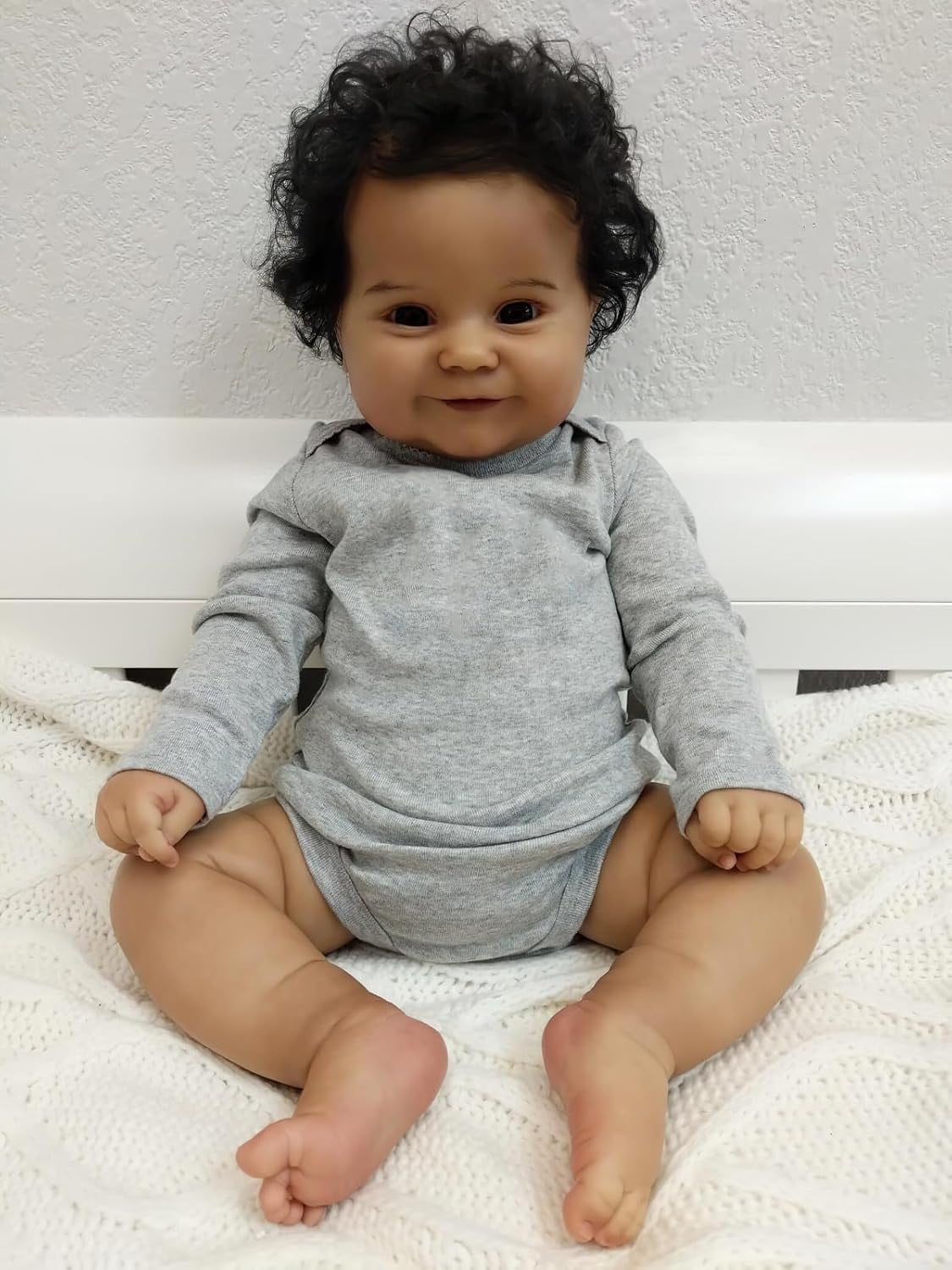 20 Inches Real Baby Size Sweet Smiling Rooted Curly Hair Lifelike African American Reborn Baby Doll Realistic Newborn Soft Cloth Body Dolls in Dark Brown Skin
