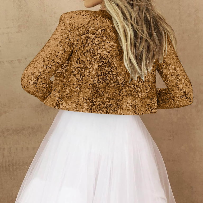 JUUYY Women's Sequin Sparkle Lightweight Cardigan Casual Party Clubwear Long Sleeve Cover Up Glitter Sequin Cardigan Clothes Gold XXL