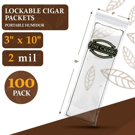 Clear Printed Fine Cigars Cigar Bags Plastic, 3 x 10 Inches. 100 Pack Reclosable Zipper Bags for Cigars. Polyethylene Cigar Travel Bag, 2 Mil. Small Plastic Baggies for Tobacco Products