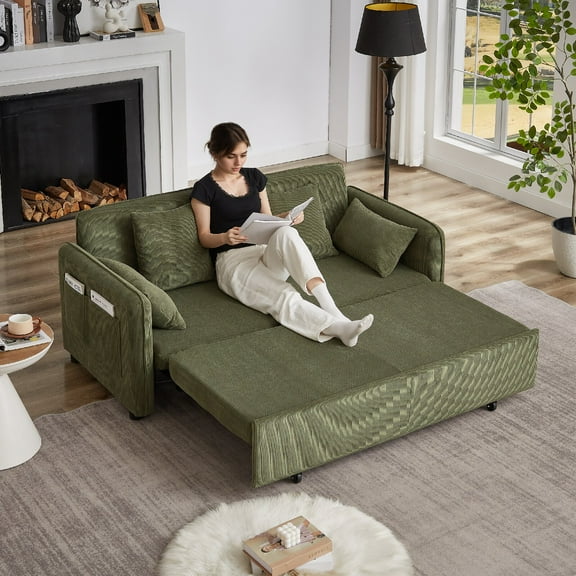 66" Sleeper Sofa Bed 3-in-1 Adjustable Sleeper with Side Pockets and Pullout Bed 4 Pillows Soft Corduroy Convertible Sleeper Sofa Bed for Living Room, Bedroom, Apartment, Office, Green