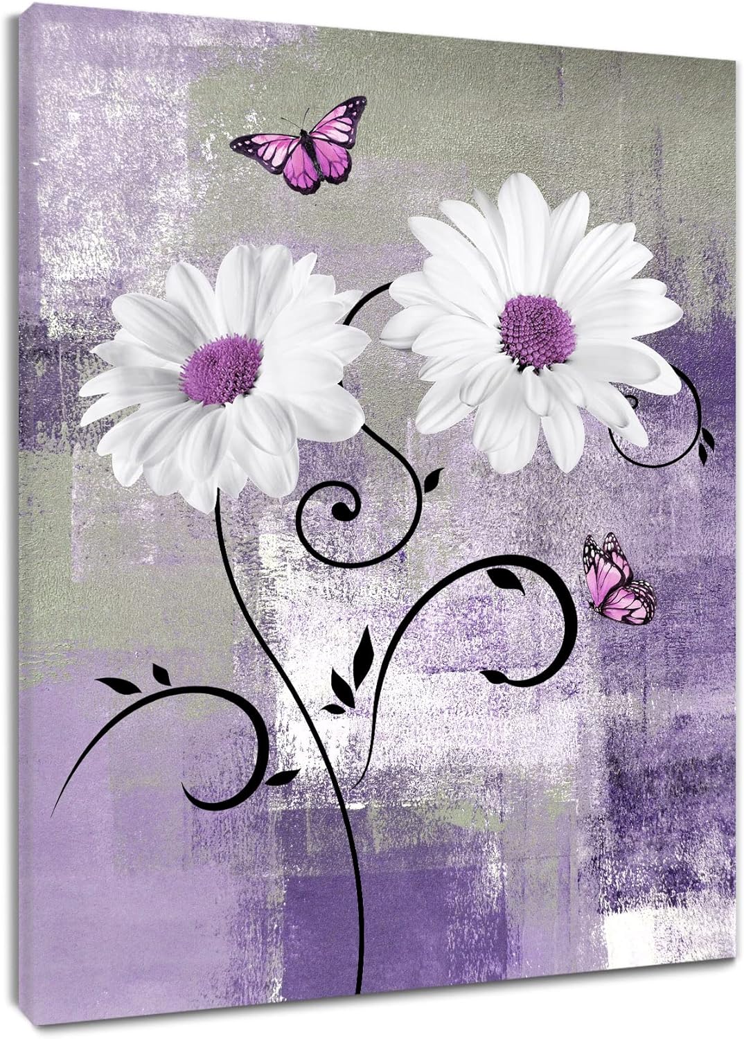 White Floral Wall Art Purple Butterfly with Flower Framed Canvas Wall Art for Living Room Gray Vintage Farmhouse Prints Pictures for Bathroom Bedroom Dorm Wall Decor,12x16 inches