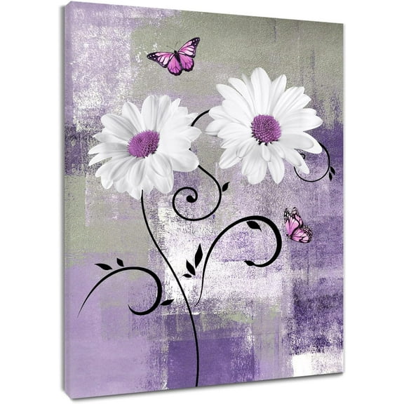 White Floral Wall Art Purple Butterfly with Flower Framed Canvas Wall Art for Living Room Gray Vintage Farmhouse Prints Pictures for Bathroom Bedroom Dorm Wall Decor,12x16 inches